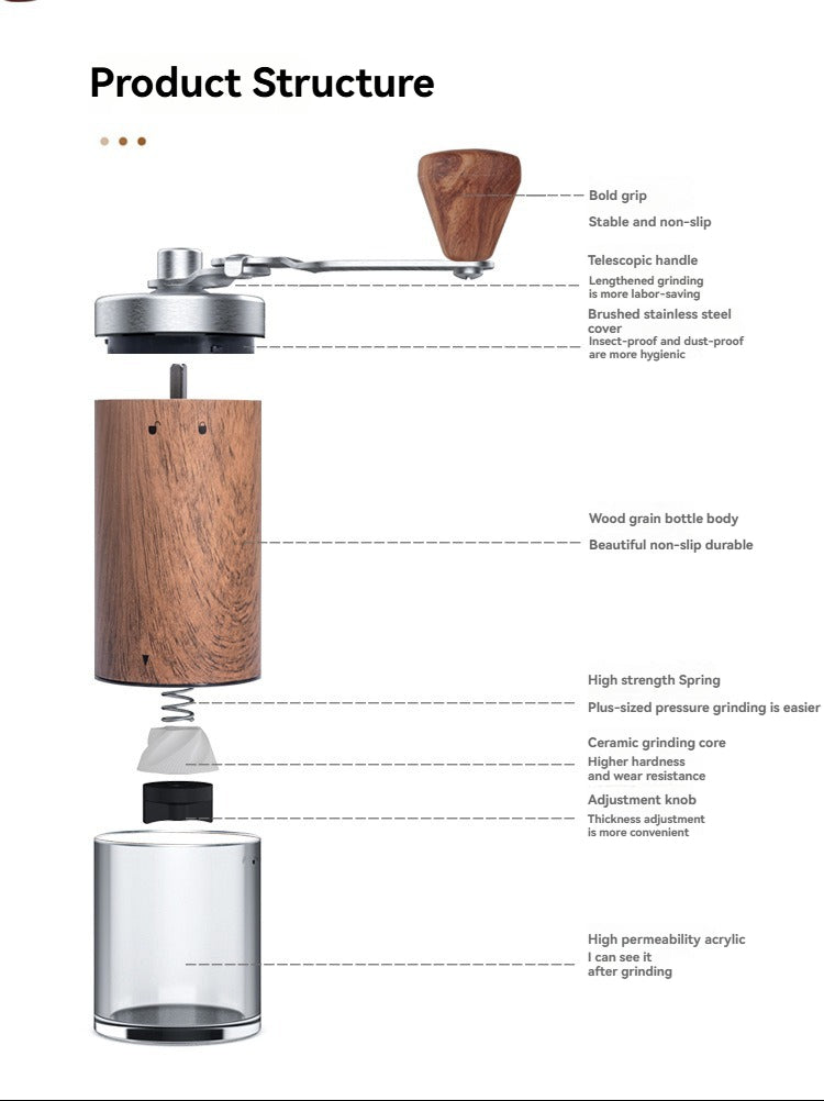 Portable Wood Grain Stainless Steel Crank Hand Hand Coffee Grinder